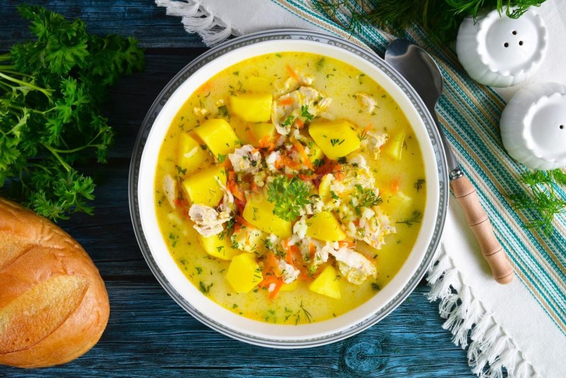 Сырный суп с куриными сердечками