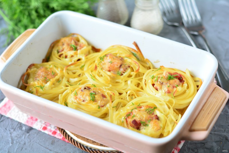 Макаронные гнезда Макфа с фаршем в духовке