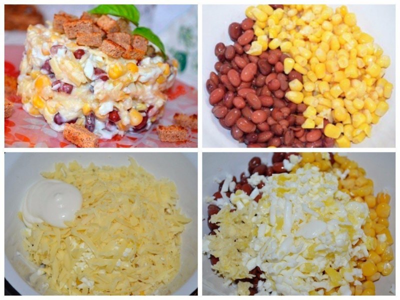 Салат с фасолью и сухариками и кукурузой и курицей