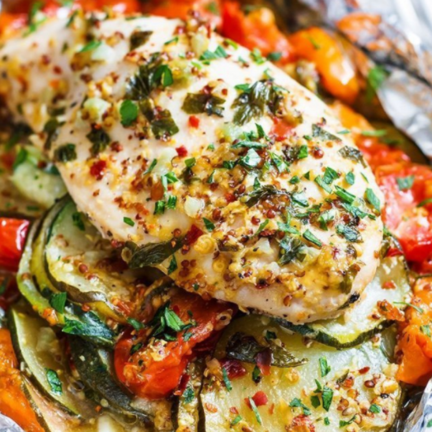 Курица запеченная с овощами