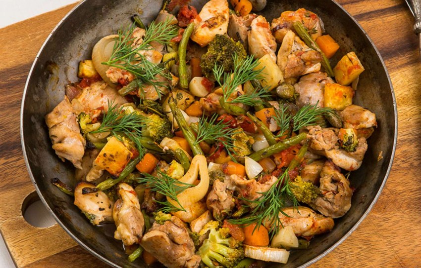 Курица с овощами на сковороде