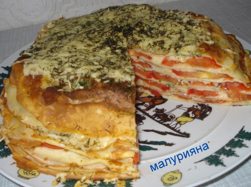 Блинный торт с грибами