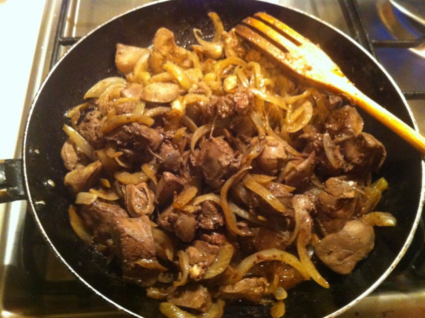 Печень куриная жареная с луком на сковороде