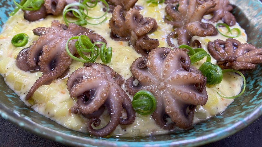 Осьминог с фисташковым хумусом и картофельными чипсами