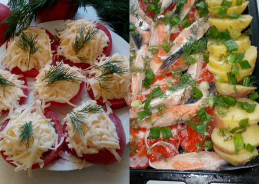 Семга с луком пореем
