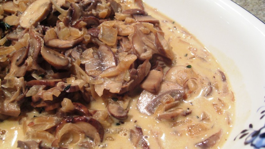 Мясо тушеное с грибами в сметане