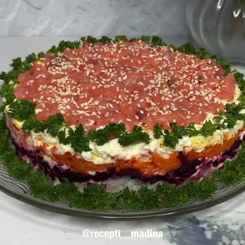 Салат Лисья шубка жареная морковка чеснок