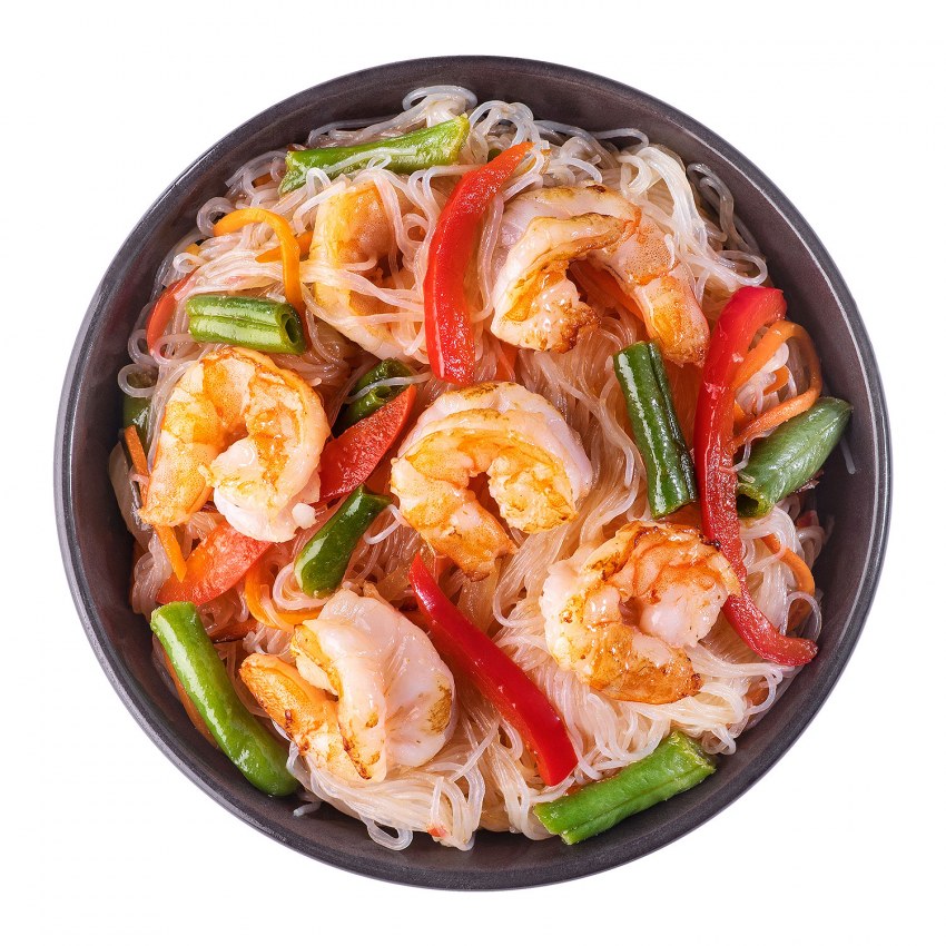 Фунчоза с овощами креветками и кунжутом