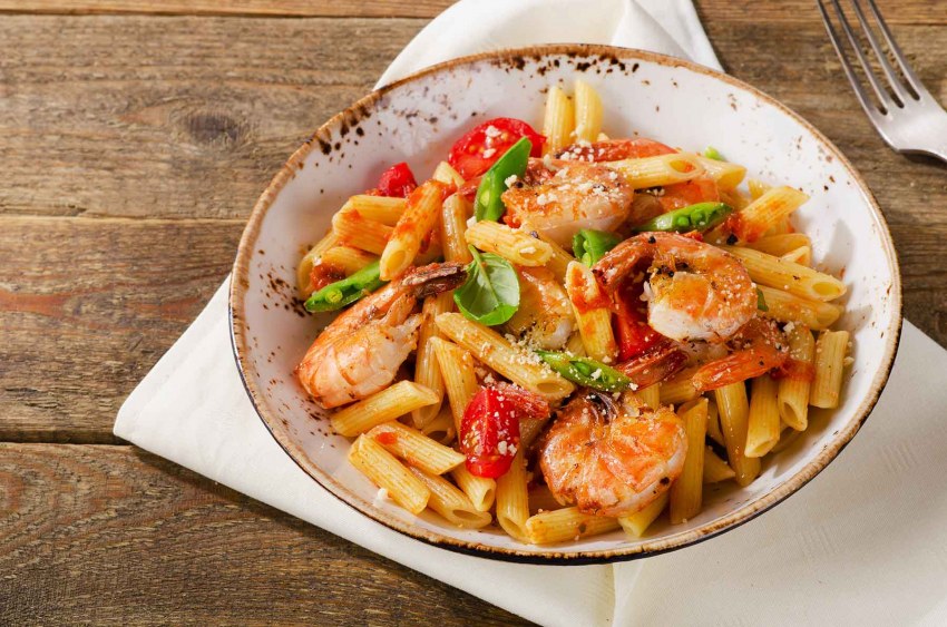 Макароны Penne с креветками