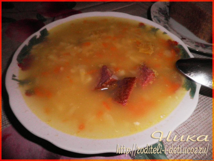 Суп гороховый с колбасой копченой рецепт фото пошагово