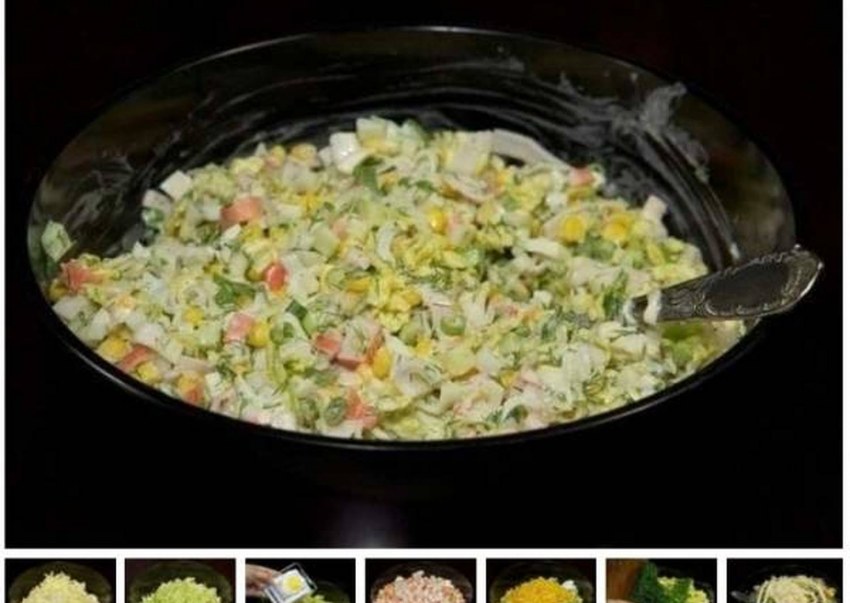 Салат с пекинской капустой и крабовыми палочками и кукурузой