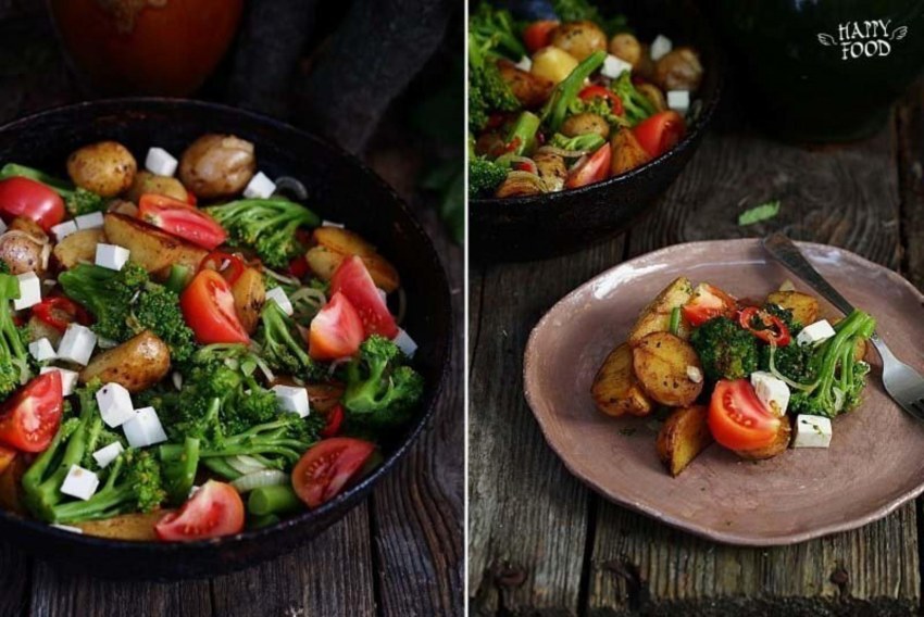 Картофельный салат с брокколи, томатами и сыром Фет