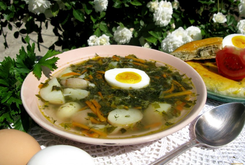 Зеленый борщ с яйцом
