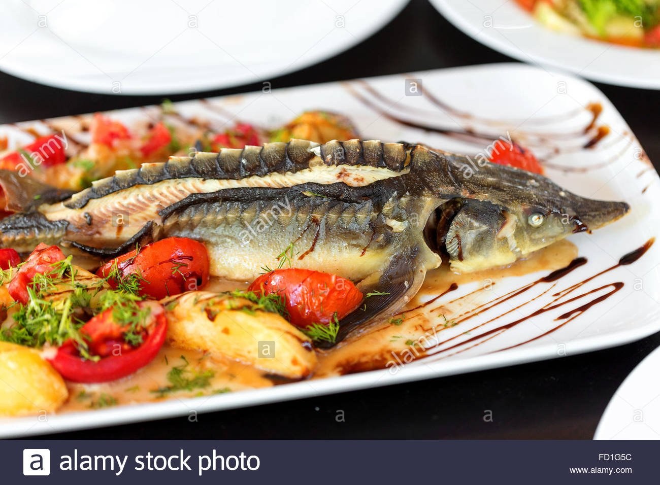Блюда из рыбы в столовой. Стерлядь Царская рыба. Осетр Лаванги. Рыба фаршированная (Судак, щука). Осетрина Царская рыба.