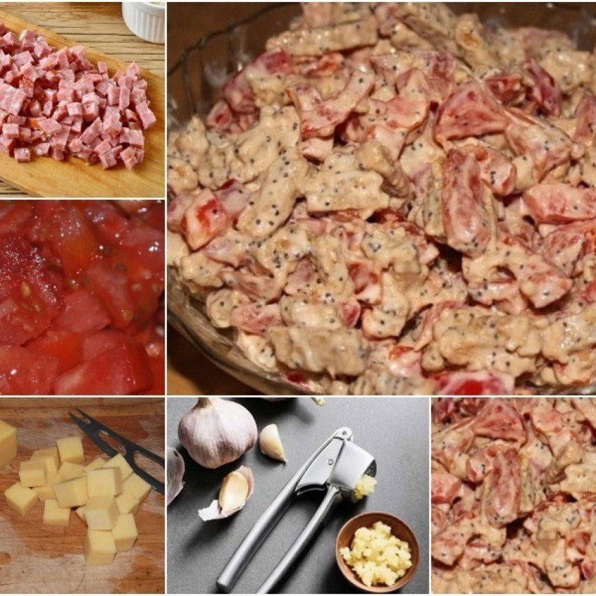 Салат с колбасой сыром и сухариками