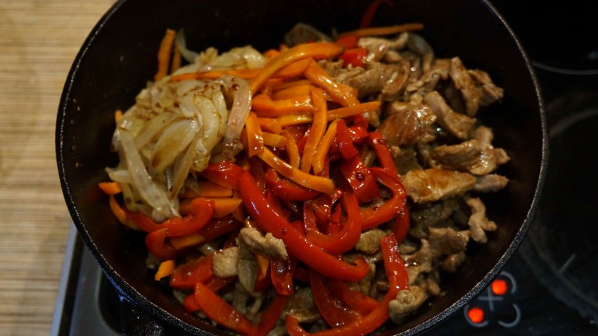 Мясо по-китайски с овощами в соевом соусе на сковороде