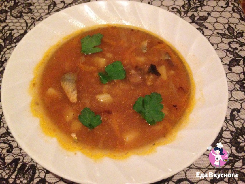 Суп с сайрой и перловкой
