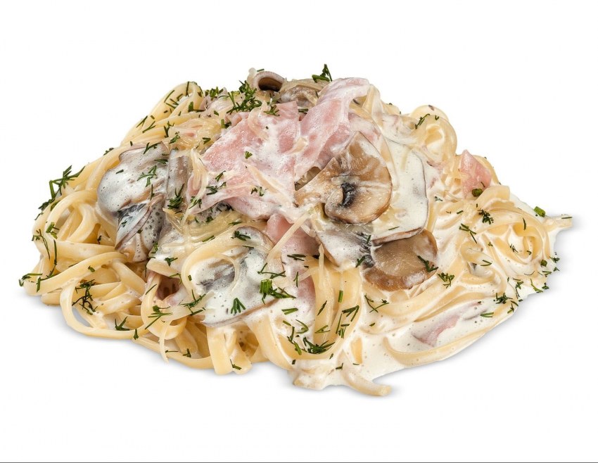Фетучини с ветчиной и грибами