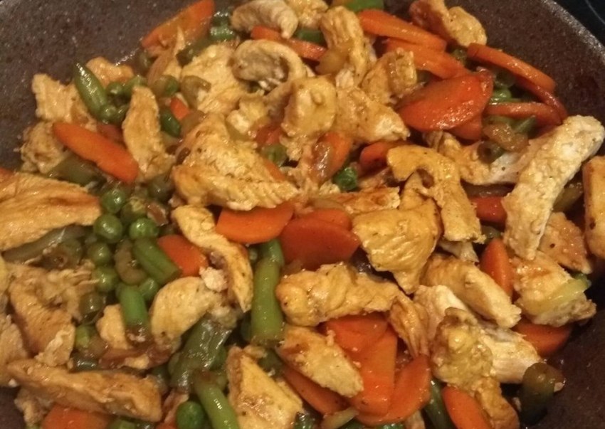 Индейка тушеная с овощами на сковороде