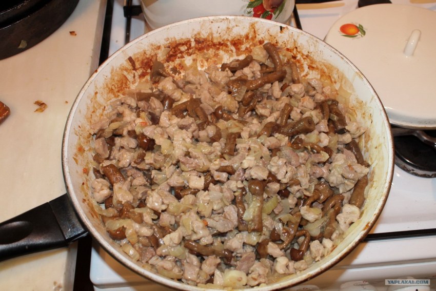 Мясо в котелке с грибами