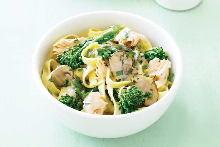 Паста фетучини с беконом и грибами