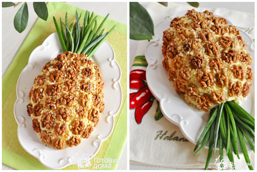 Салат с ананасом и курицей и сыром и грецким орехом