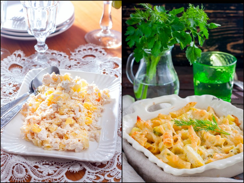 Паста с ананасами и курицей