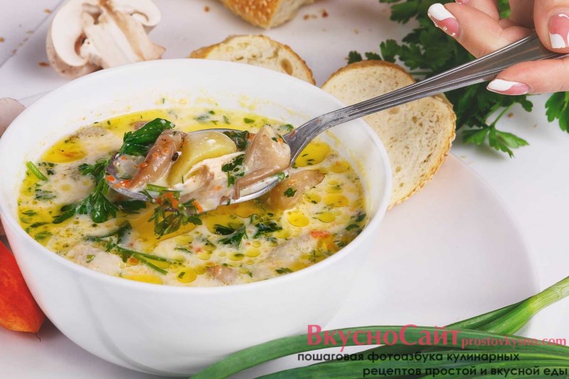 Суп с плавленным сыром и курицей и грибами