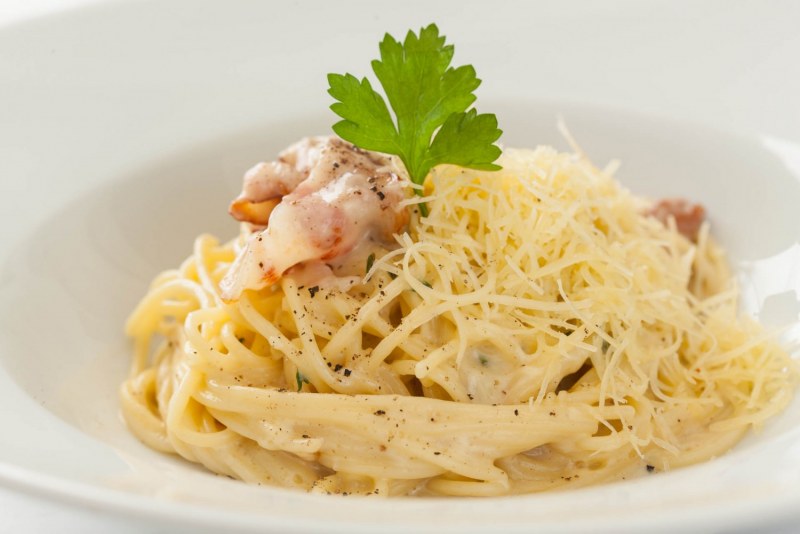 Паста карбонара с беконом и грибами