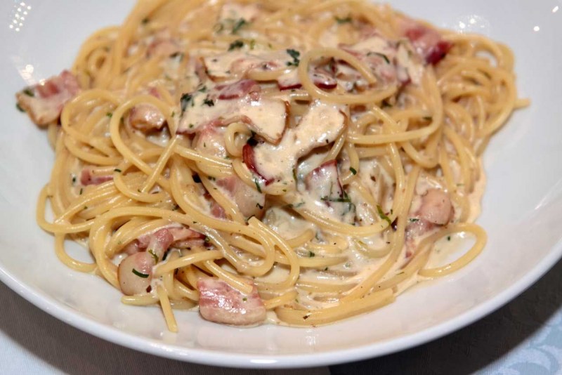 Карбонара с беконом и грибами